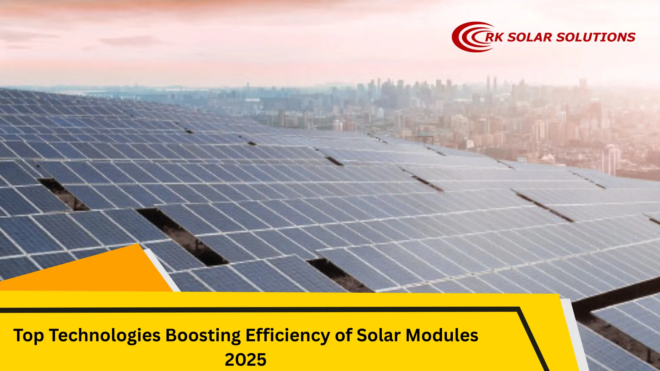 Rooftops covered in solar modules with a city skyline beyond