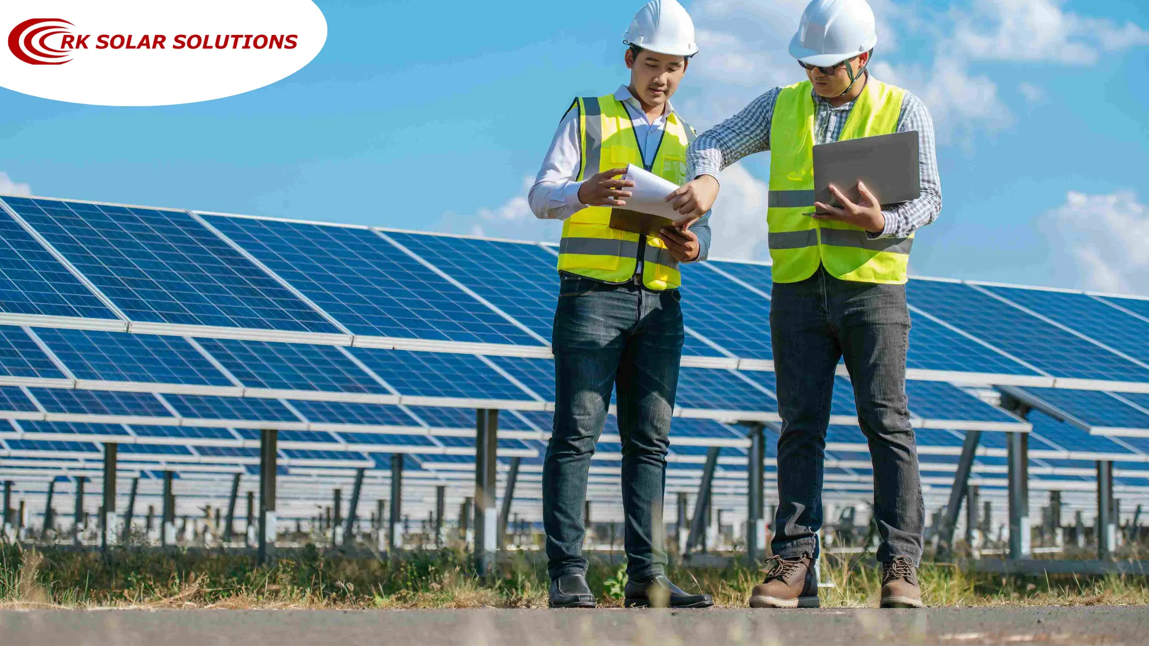 Two engineers in safety vests reviewing plans in front of a solar array