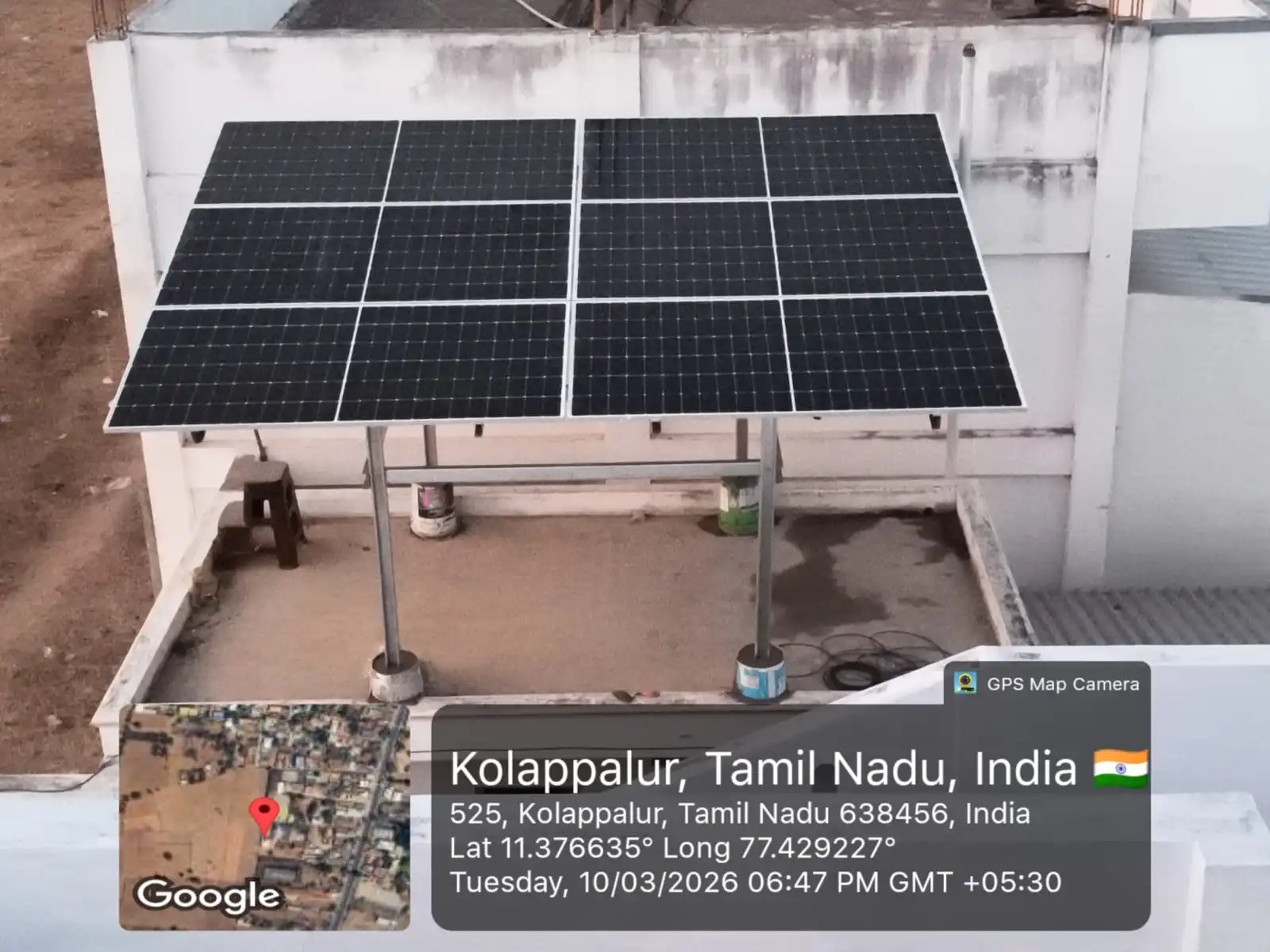 Twelve-panel rooftop solar installation at Kolappalur, Tamil Nadu