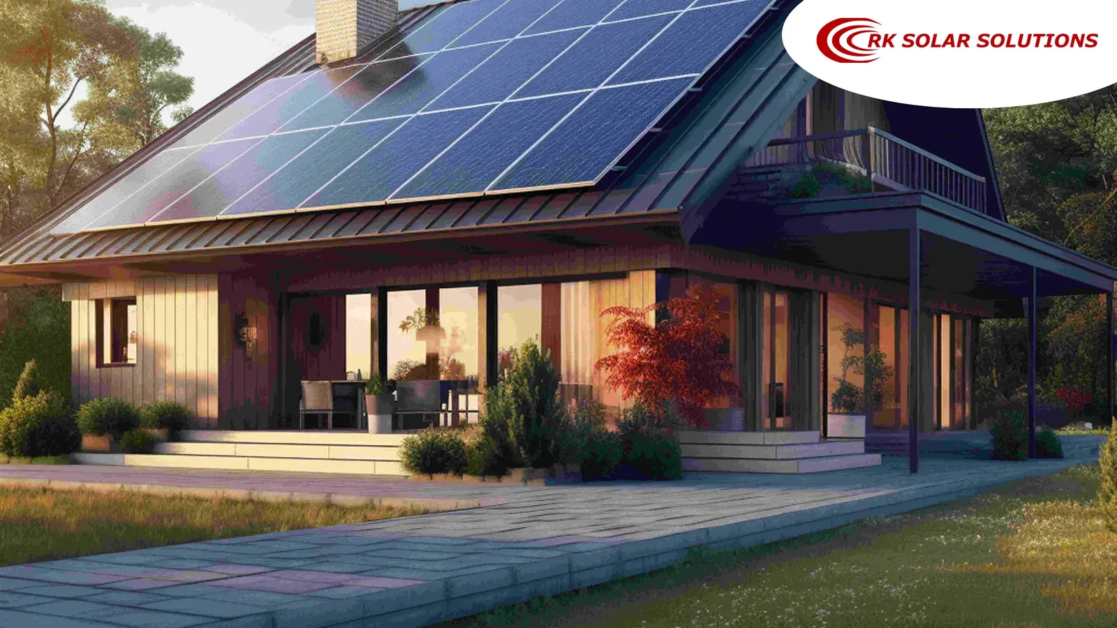 House with solar panels covering its pitched roof at dusk