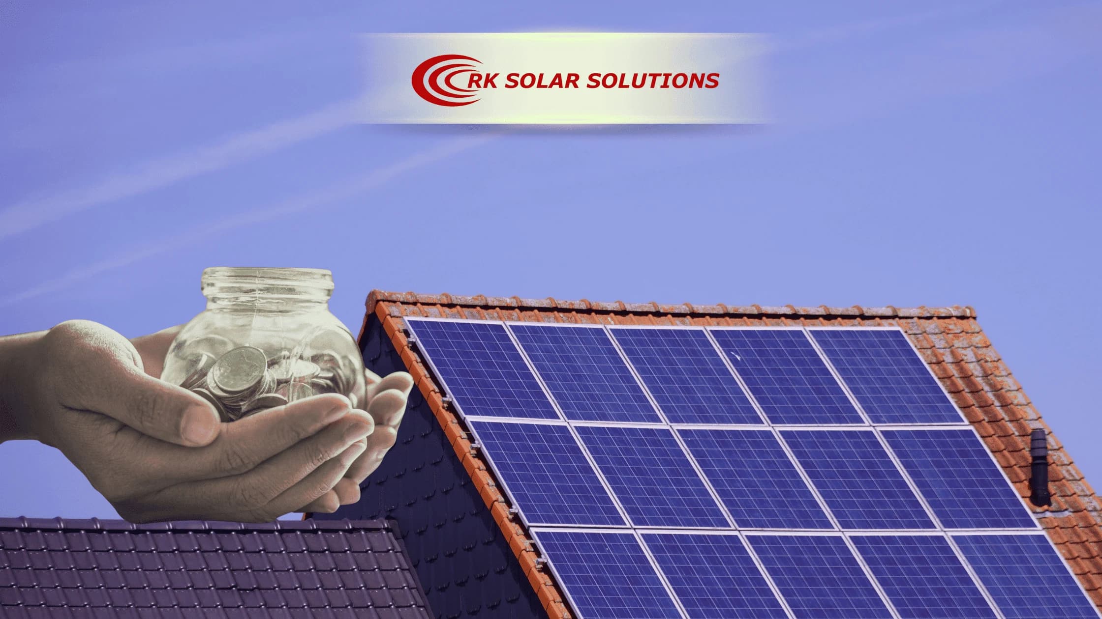 Hands holding a jar of coins beside a tiled roof with solar panels