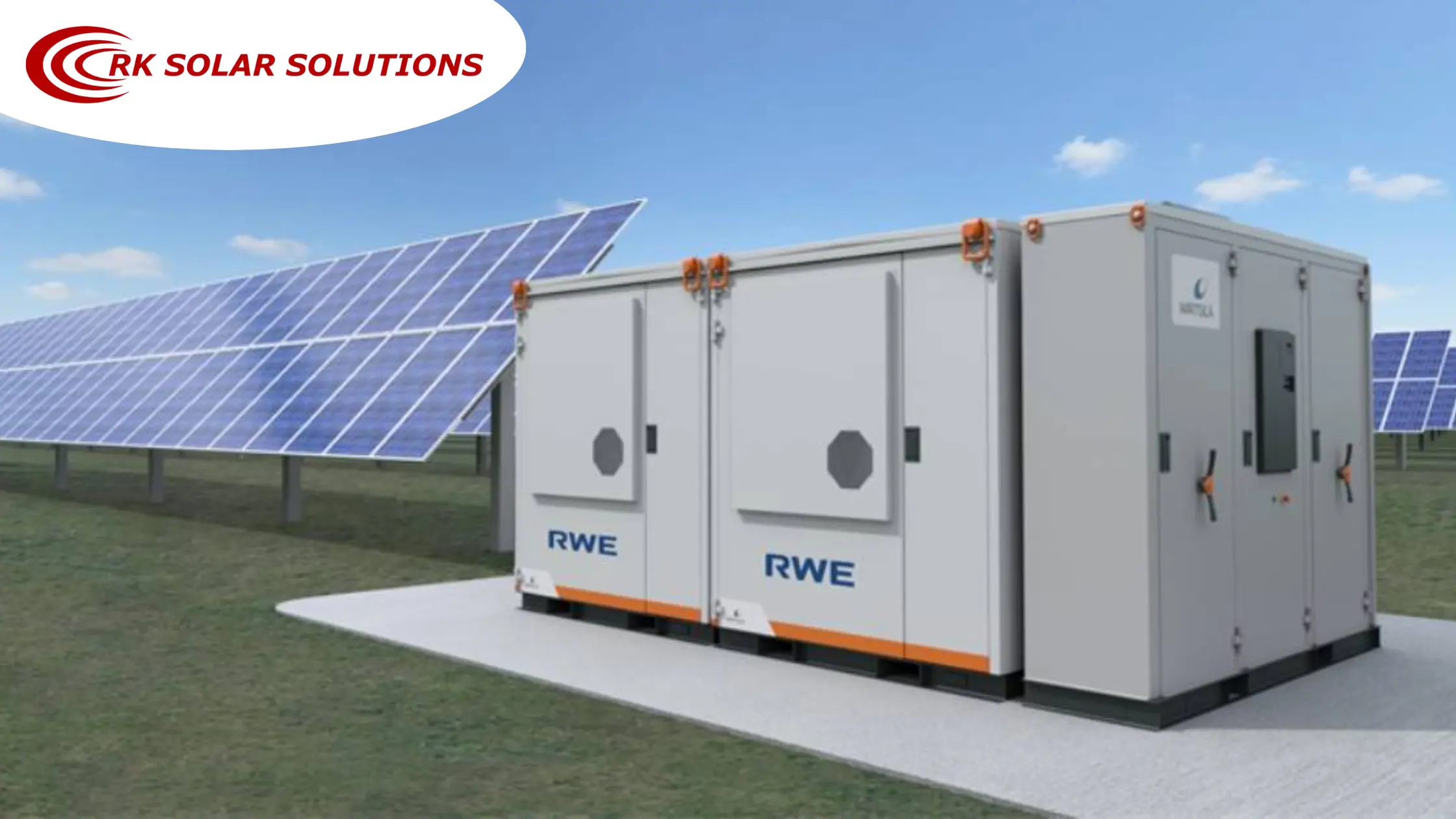 Battery storage containers beside a ground-mounted solar array